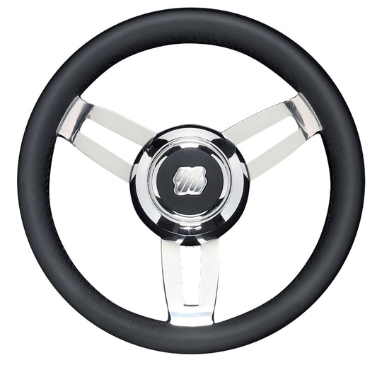 Uflex USA Morosini 13.8-inch Black Polyurethane Steering Wheel with Stainless Steel Spokes and Chrome Hub