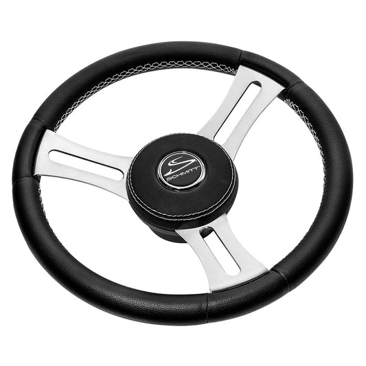 Schmitt Marine Torcello Elite 14-Inch Steering Wheel with Black Leather Wrap, White Stitching, and Polished Stainless Steel Spokes