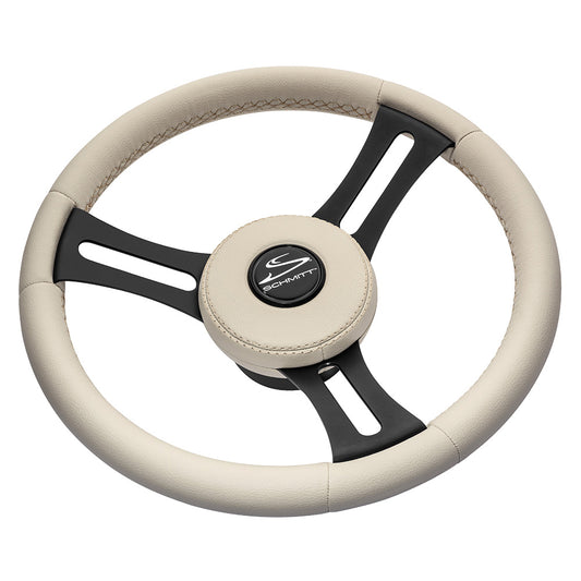 Schmitt Marine Torcello Elite 14-Inch Steering Wheel with Beige Leather Cap and White Stitching – Black Stainless Steel Spokes, 3/4-Inch Tapered Shaft