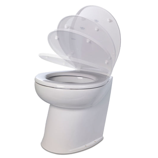 Jabsco Deluxe Flush 17-Inch Angled Back 12V Raw Water Electric Marine Toilet with Remote Rinse Pump and Soft Close Lid