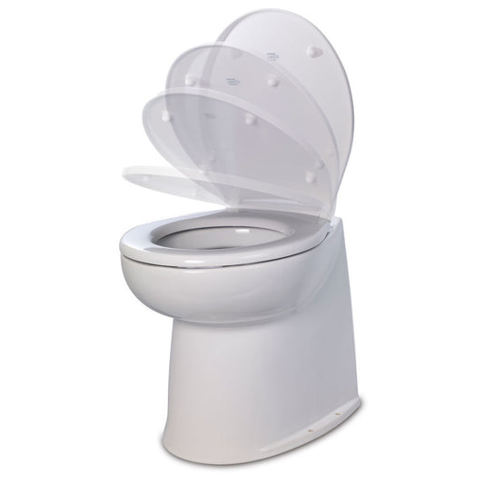 Jabsco Deluxe Flush 14-Inch Straight Back 12V Raw Water Electric Marine Toilet with Remote Rinse Pump and Soft Close Lid