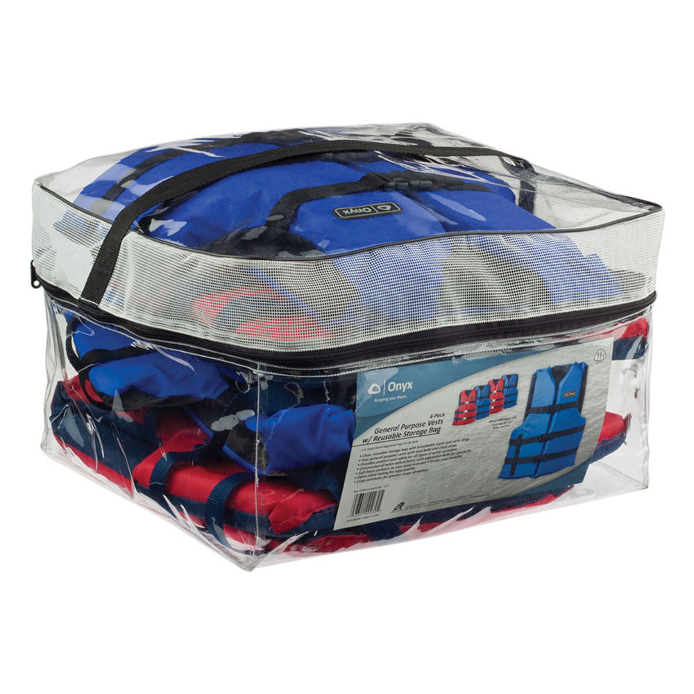 Onyx Outdoor Adult General Purpose Life Vests - 4-Pack in Red and Blue with Storage Bag