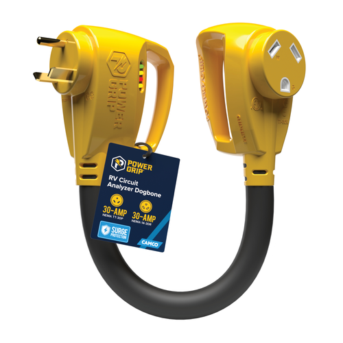 Camco PowerGrip Dogbone 18-Foot 30 Amp Male to 30 Amp Female RV Electrical Adapter, Part 55463