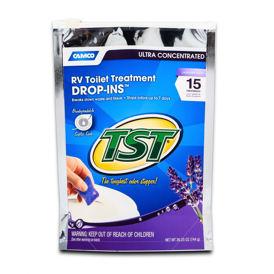 Camco TST Lavender RV Toilet Treatment Drop-Ins, 15-Pack Bag, Part Number 41559