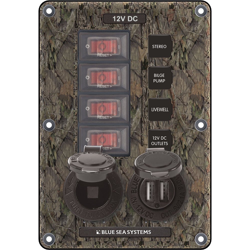 Blue Sea 4324 Circuit Breaker Switch Panel 4 Postion - Camo w/12V Socket &amp; Dual USB - Marine Parts OnlyElectricalBlue Sea Systems