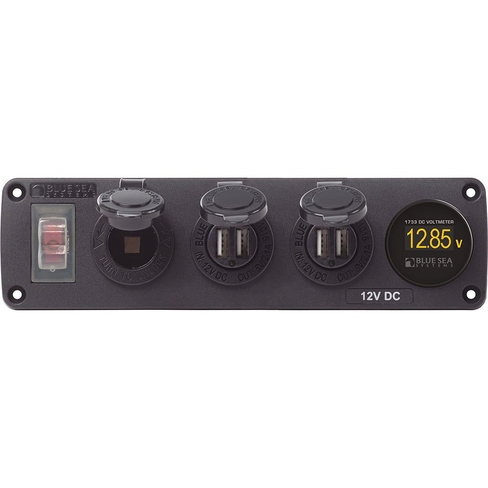 Blue Sea 4368 Water Resistant USB Accessory Panel - 12V Socket, 2x 2.1A Dual USB Chargers, Mini Voltmeter - Marine Parts OnlyElectricalBlue Sea Systems