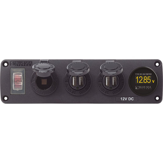 Blue Sea 4368 Water Resistant USB Accessory Panel - 12V Socket, 2x 2.1A Dual USB Chargers, Mini Voltmeter - Marine Parts OnlyElectricalBlue Sea Systems