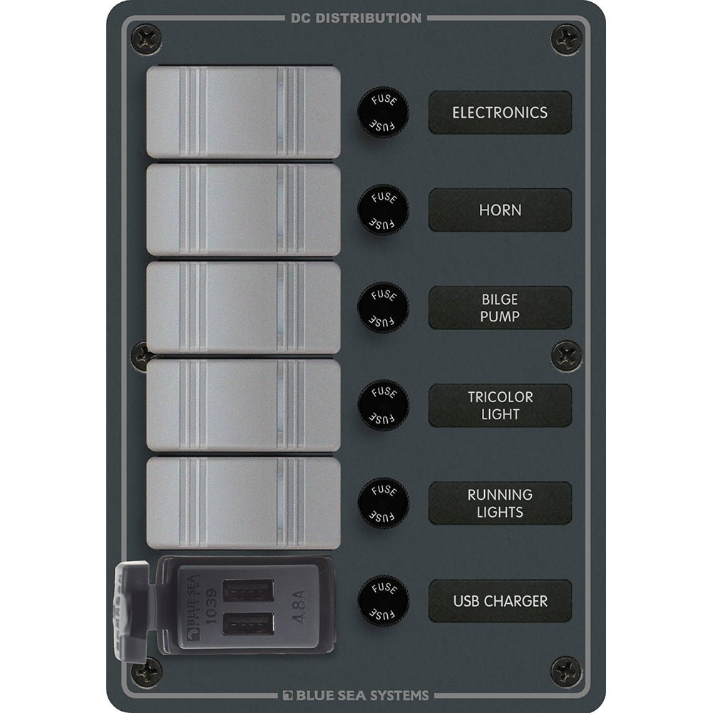 Blue Sea 8121 - 5 Position Contura Switch Panel w/Dual USB Chargers - 12/24V DC - Black - Marine Parts OnlyElectricalBlue Sea Systems