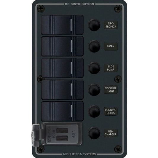 Blue Sea 8521 - 5 Position Contura Switch Panel w/Dual USB Chargers - 12/24V DC - Black - Marine Parts OnlyElectricalBlue Sea Systems