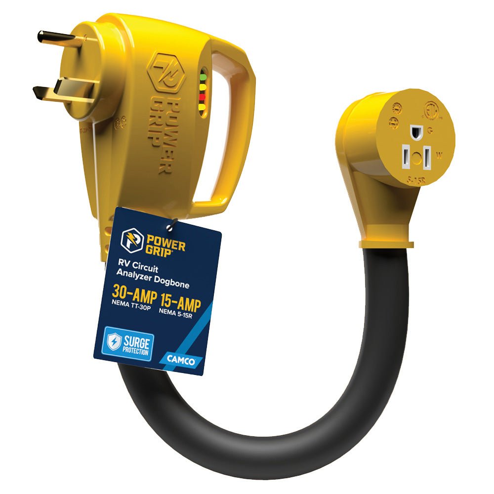 Camco Power Grip RV 12" 30Amp Circuit Analyzer Dogbone - Integrated Surge Protection - Marine Parts OnlyAutomotive/RVCamco
