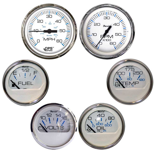 Faria Chesapeake White w/Stainless Steel Bezel Boxed Set of 6 - Speed, Tach, Fuel Level, Voltmeter, Water Temperature &amp; Oil PSI - Inboard Motors - Marine Parts OnlyMarine Navigation & InstrumentsFaria Beede Instruments