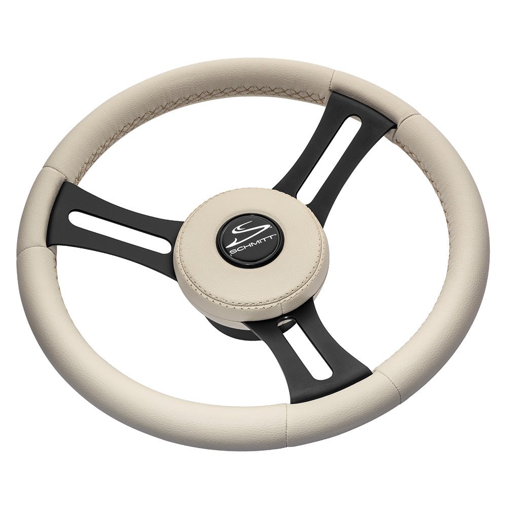 Schmitt Marine Torcello Elite 14" Wheel - Beige Leather &amp; Cap - White Stitching - Black SS Spokes - 3/4" Tapered Shaft - Marine Parts OnlyMarine HardwareSchmitt Marine