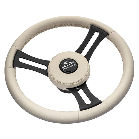 Schmitt Marine Torcello Elite 14" Wheel - Beige Leather &amp; Cap - White Stitching - Black SS Spokes - 3/4" Tapered Shaft - Marine Parts OnlyMarine HardwareSchmitt Marine