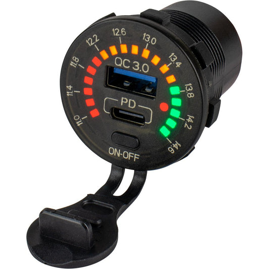 Sea - Dog Round Rainbow Voltmeter w/USB &amp; USB - C Power Socket - Marine Parts OnlyElectricalSea - Dog